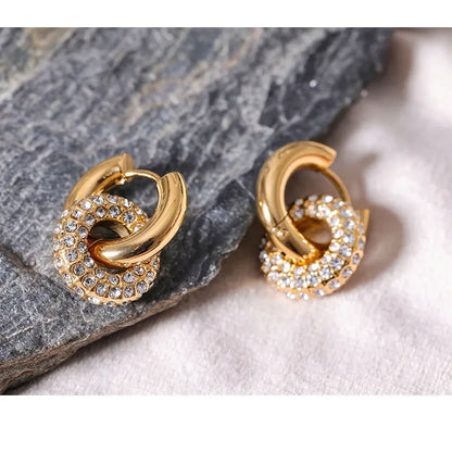 Cubic Zirconia Round Stainless Steel 18K Gold Color Huggie Hoop Earrings High Quality Jewelry
