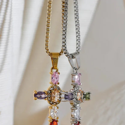 Colorful Cubic Zirconia Cross Pendant Necklace – Gold Stainless Steel