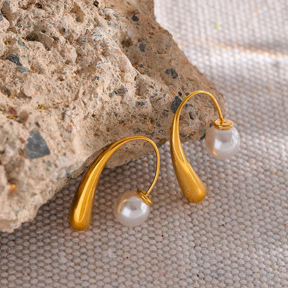 Modern Design Tarnish Free Pearl Drop Earrings – 18K Gold Plated