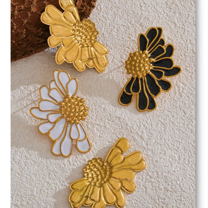 Floral Big White Black Enamel - Fashion Stud Earrings 18K Gold Color PVD Plated Stainless Steel Jewelry