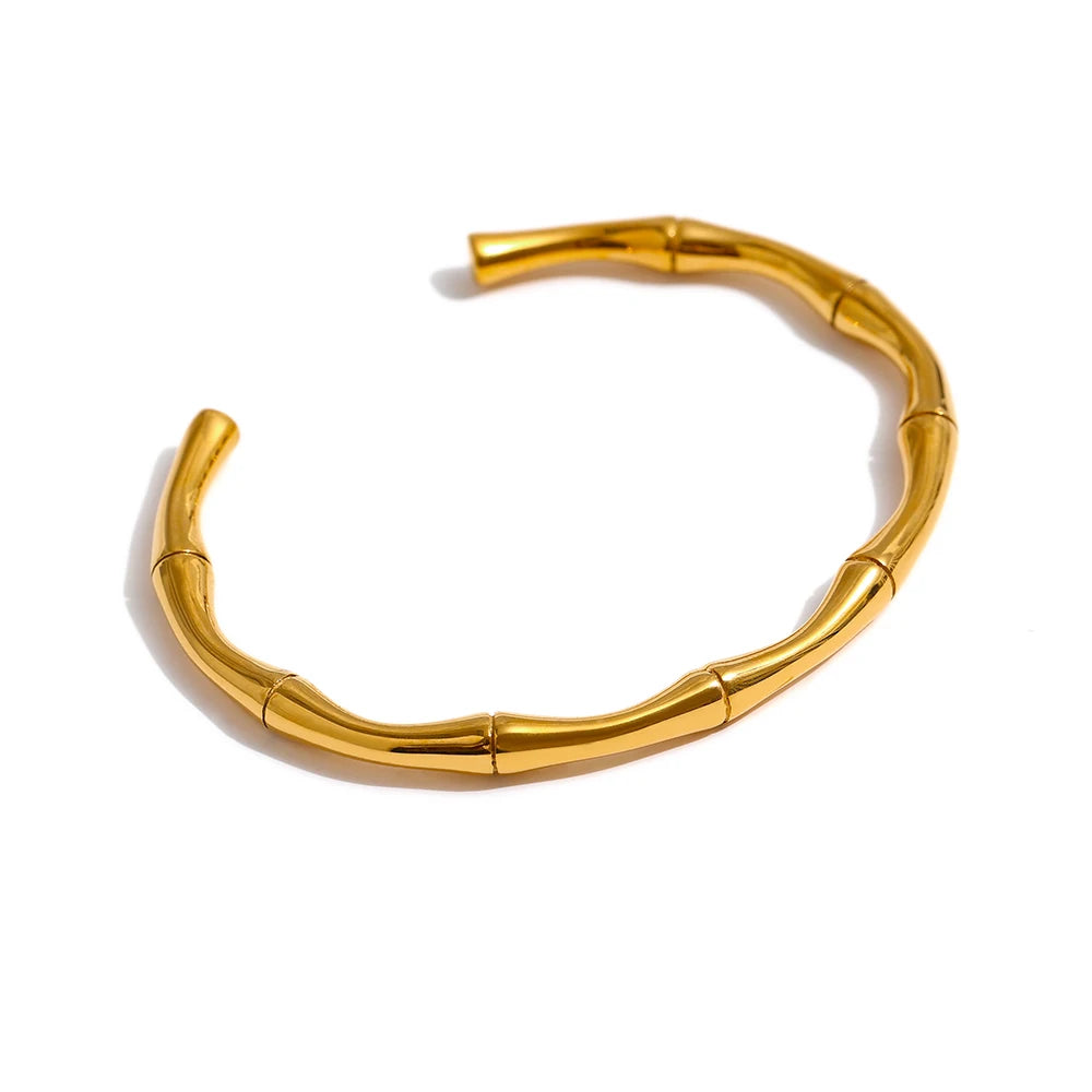 Bamboo Texture Cuff Bracelet – 18K Gold Plated Stainless Steel