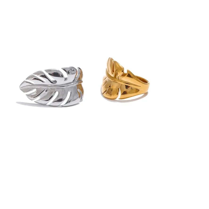 Luxe Jewels Stylish Stainless Steel Metal Leaf Open Ring - 18K Gold Plated Jewelry