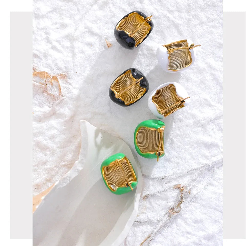 Black White Green Enamel Geometric Waterproof Stainless Steel - Chunky Round Hoop Earrings Women Stylish Jewelry