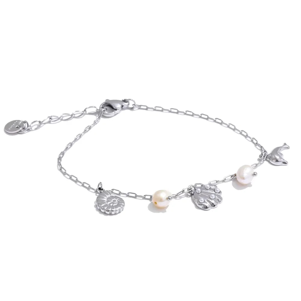 Ocean Charm Pearl Anklet – Shell Dolphin & Conch Design