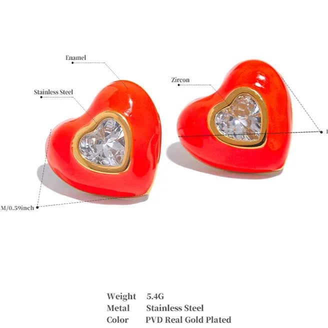 Elegant Colorful Heart Enamel Stud Earrings with CZ – Chic Jewelry