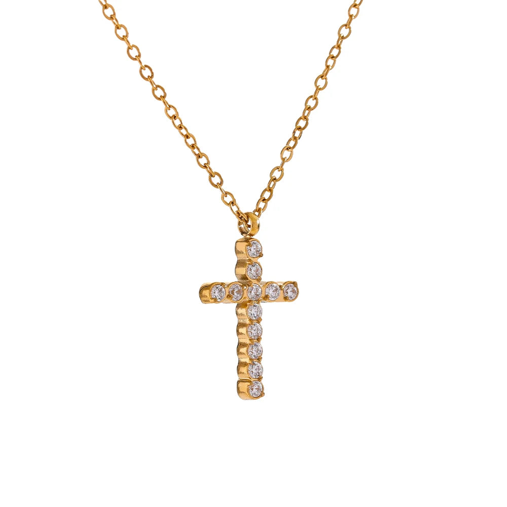 Cubic Zirconia Cross Pendant – 316L Gold Stainless Steel Necklace