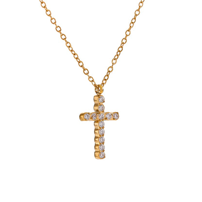 Cubic Zirconia Cross Pendant – 316L Gold Stainless Steel Necklace