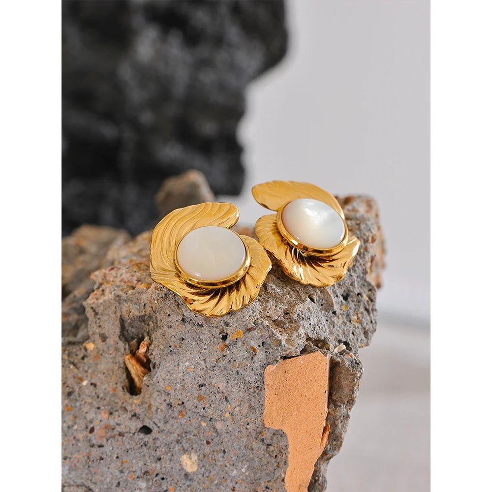 Chic Gold Plated Stud Earrings – Waterproof Natural Shell Design
