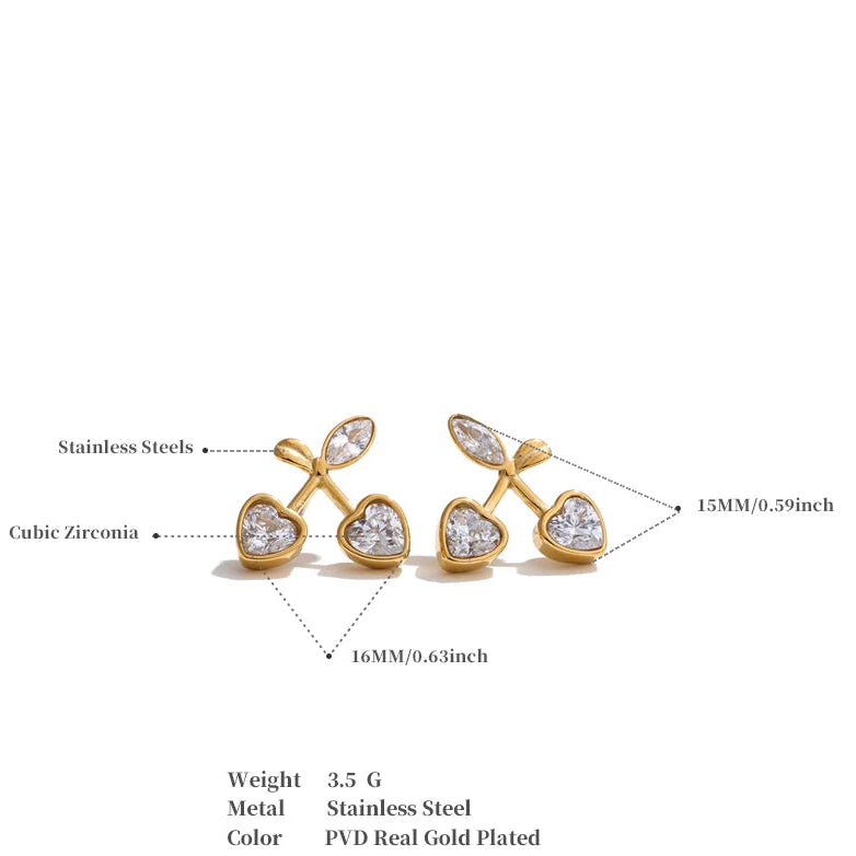 Cute Shiny Cherry Stud Earrings Waterproof Chic Daily Jewelry for Women Stainless Steel PVD Plated Trendy Accessory