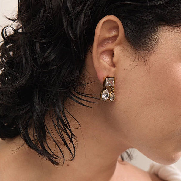 Shiny Cubic Zirconia Square Water Drop Teardrop Stud Earrings 316L Stainless Steel CZ Golden Premium Jewelry