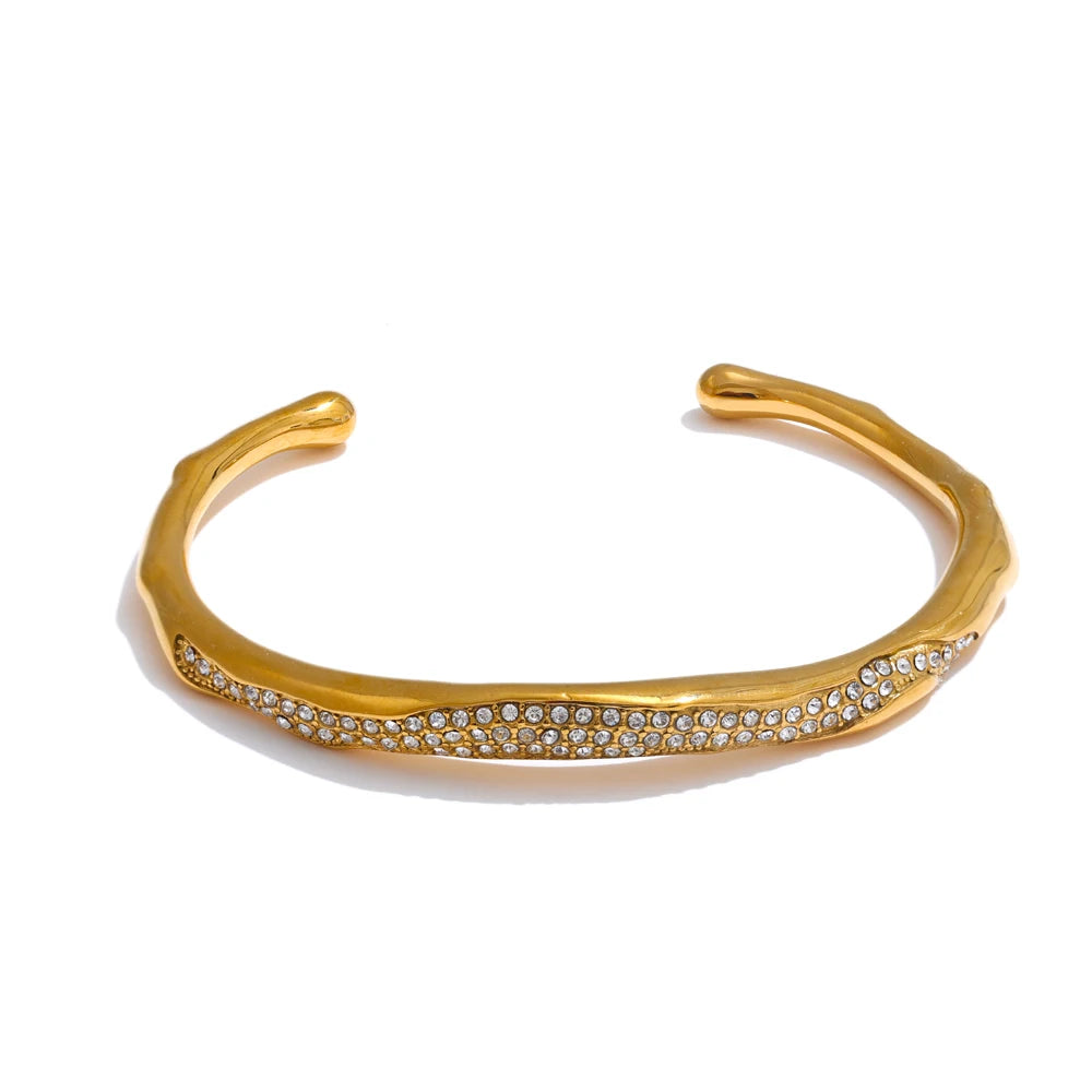 62mm CZ Open Cuff Bracelet – 18K Real Gold Plated Stainless Steel Waterproof Bracaelet