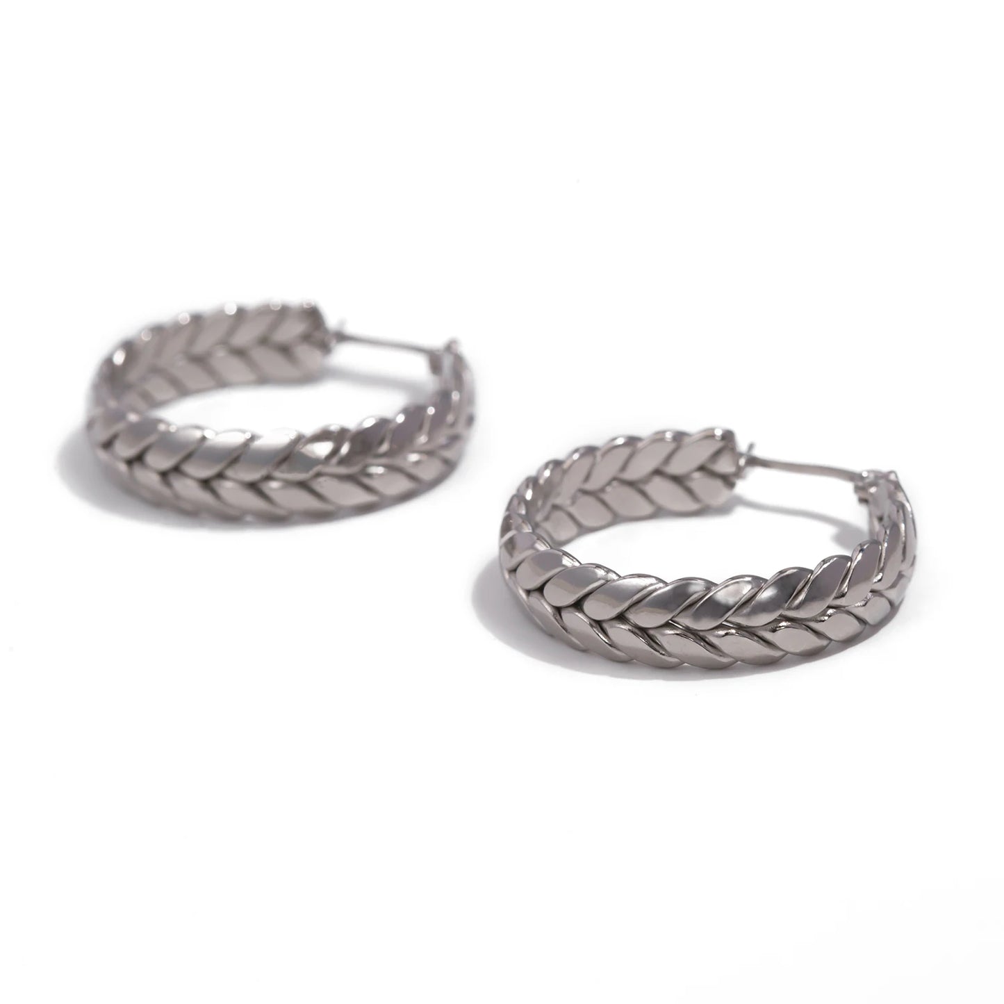 Wheat Pattern Hoop Earrings for Women Classic Round Stainless Steel Earrings 30mm