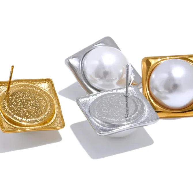 Elegant Square Pearl Stud Earrings – 316L Gold Plated
