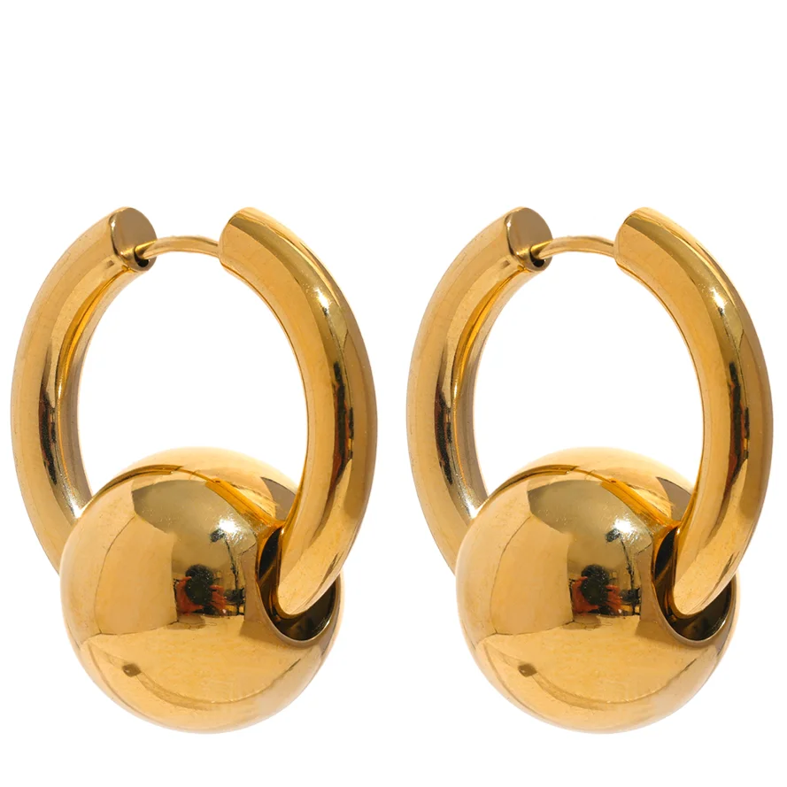 316L Stainless Steel Metal Round Ball Hoop Earrings Waterproof 18K Gold PVD Plated Charm Jewelry