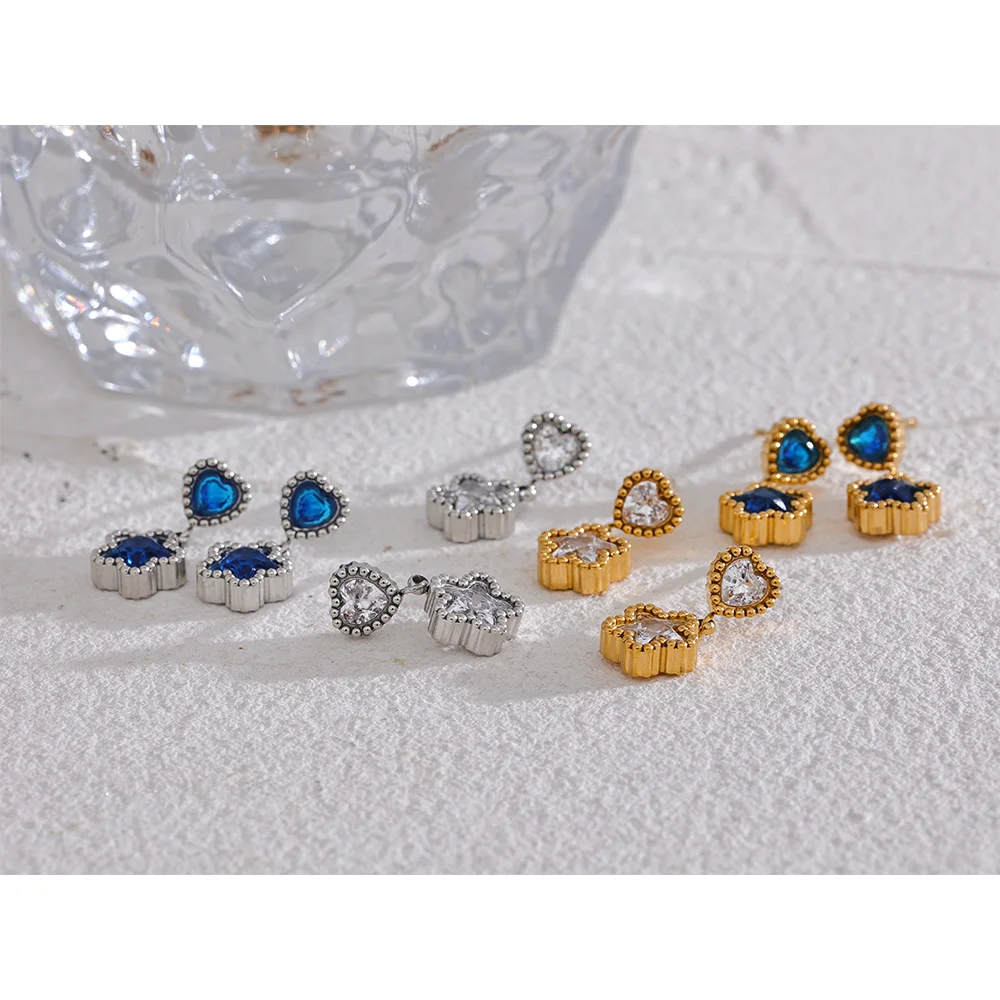 High Quality Blue White Cubic Zirconia Stainless Steel Heart Star Drop Earrings - 18K Gold Plated Jewelry