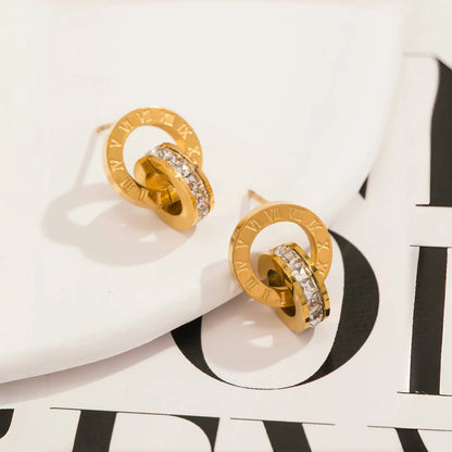 Classics Round Earrings for Women - Roman Numerals Stainless Steel Gold Plated Earring Vintage Jewelry