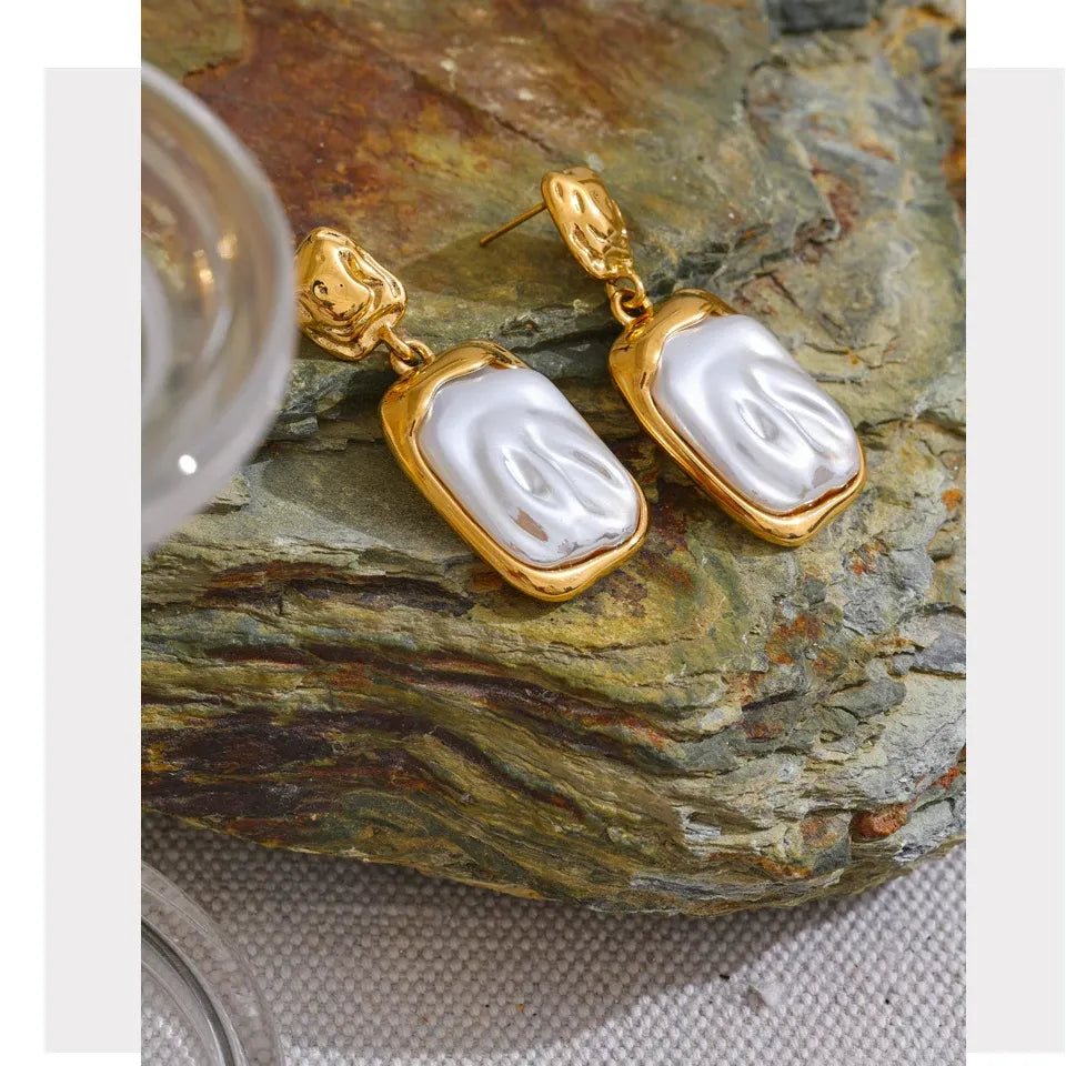 Stainless Steel Pearl Square Drop Earrings for Women Tarnish Resistant - Fashion Jewelry