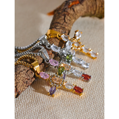 Colorful Cubic Zirconia Cross Pendant Necklace – Gold Stainless Steel
