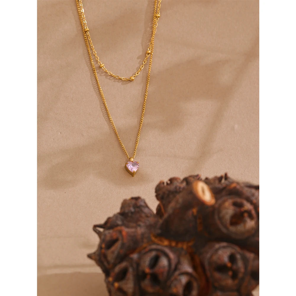 Elegant Pink Zircon Heart Double-Layer Necklace – Gold Plated