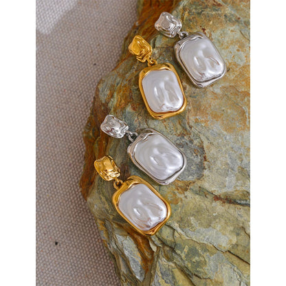 Stainless Steel Pearl Square Drop Earrings for Women Tarnish Resistant - Fashion Jewelry