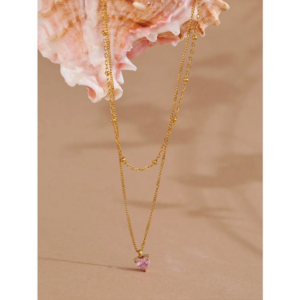 Elegant Pink Zircon Heart Double-Layer Necklace – Gold Plated