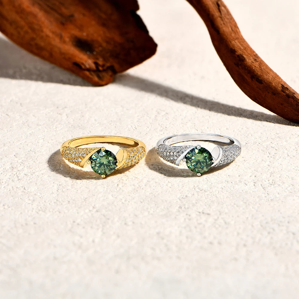 Luxe Jewels Round Cut 1CT Green Moissanite Ring - Genuine S925 Sterling Silver Ring for Women