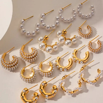 Uworld Exquisite Luxury Stainless Steel  Pearls Beads Hoop Huggie Earrings Romantic Elegant Fashion Charm Trendy Chic Jewelry