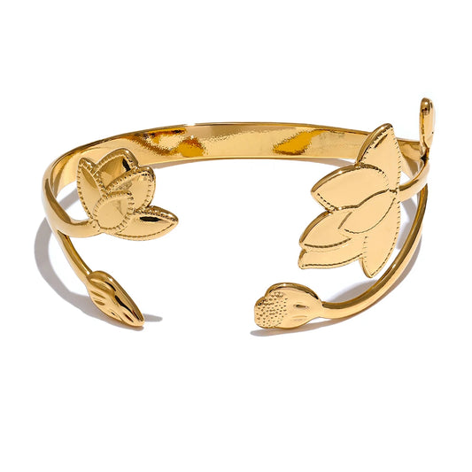 Big Flower Open Cuff Bracelet – Stainless Steel Gold Bangle