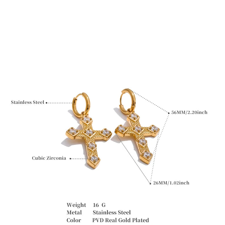 Bling Cubic Zirconia Classic Cross Drop Hoop Earrings 18K Gold Color PVD Plated Stainless Steel Exquisite Jewelry