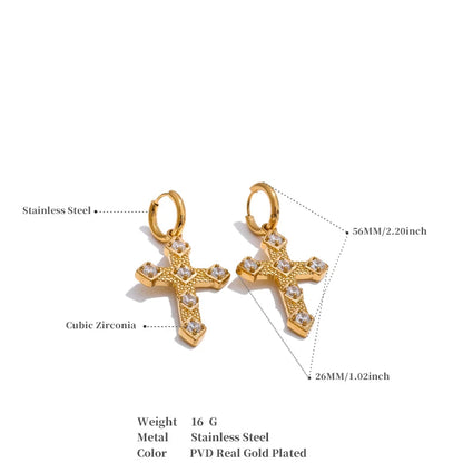 Bling Cubic Zirconia Classic Cross Drop Hoop Earrings 18K Gold Color PVD Plated Stainless Steel Exquisite Jewelry