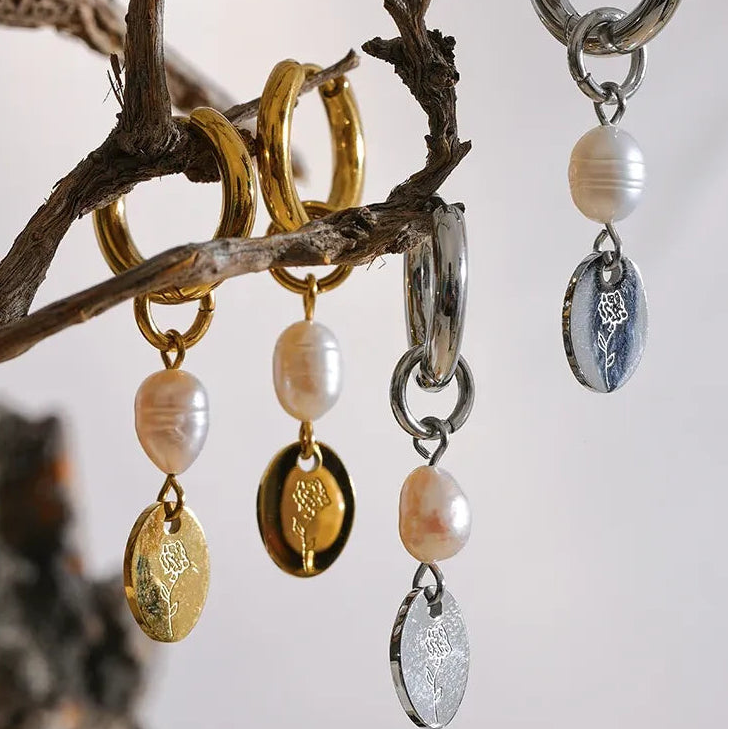 Stainless Steel Natural Pearl Charm Flower Drop Handmade Chic Earrings Gold Silver Color Trendy Jewelry