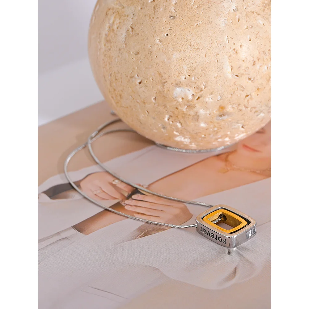 Double Layered Square Pendant Necklace – Gold 316L Stainless Steel