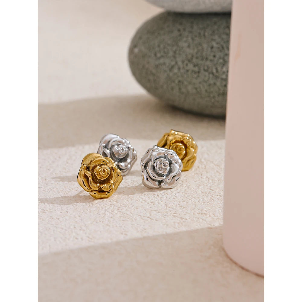 Gold Plated Rose Flower Waterproof Daily Stud Earrings for Women