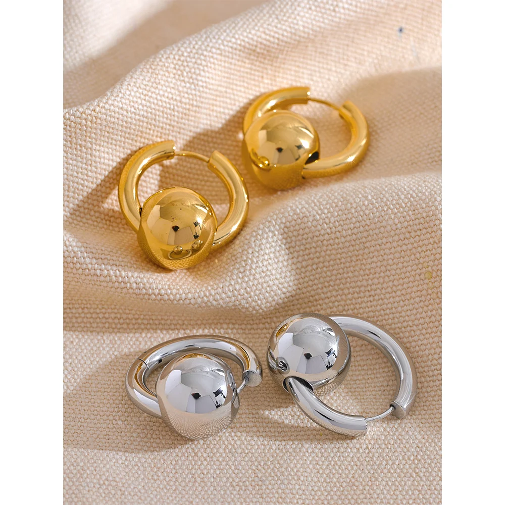 316L Stainless Steel Metal Round Ball Hoop Earrings Waterproof 18K Gold PVD Plated Charm Jewelry