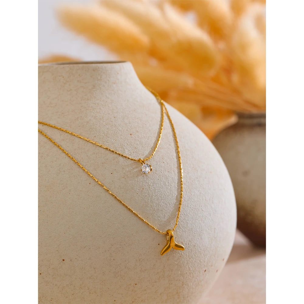 Elegant Double Layer Fishtail Necklace with Zircon Pendant – Gold Plated