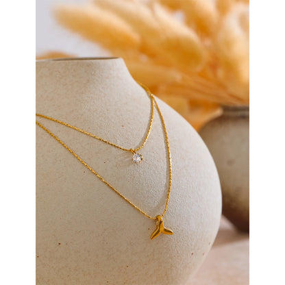 Elegant Double Layer Fishtail Necklace with Zircon Pendant – Gold Plated