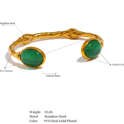 Green Stone Cuff Bracelet – Gold Plated Stainless Steel, Textured 18K Plated Waterproof Jewelry