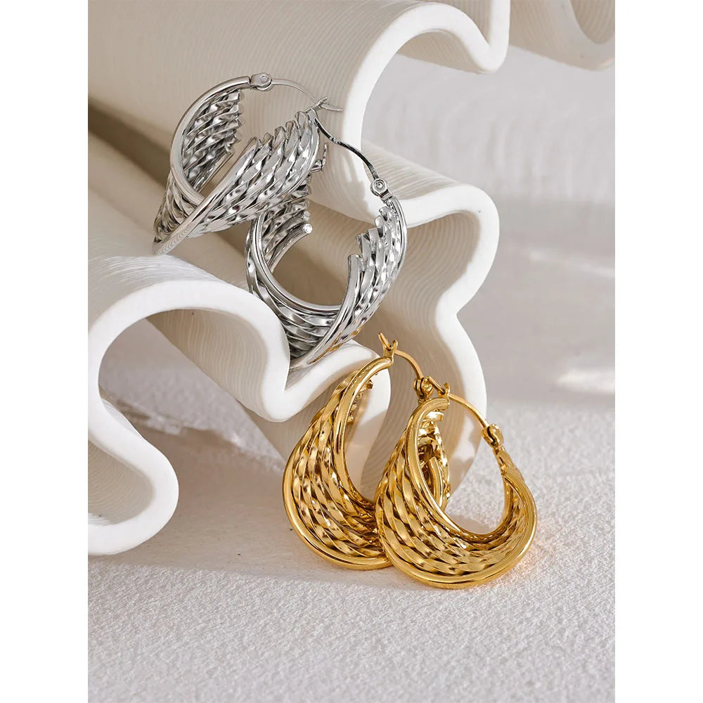 Charm Stainless Steel Twisted Hoop Earrings Waterproof Texture 18K Gold Plated Fashion Jewelry