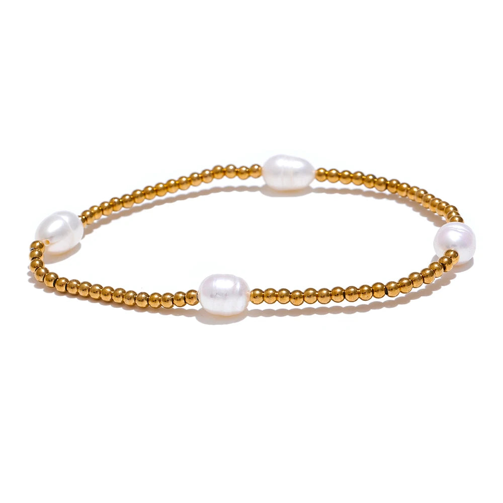 Freshwater Pearl & Bead Bracelet – Gold Plated Stainless Steel, Handmade