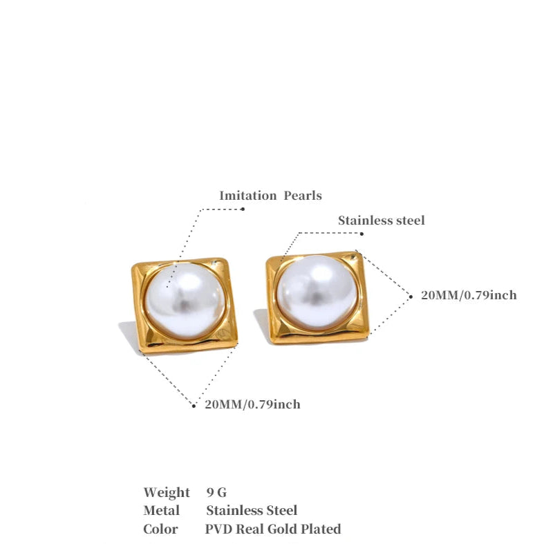 Elegant Square Pearl Stud Earrings – 316L Gold Plated