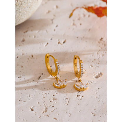 Waterproof Cubic Zirconia Flower Drop Hoop Earrings Hypoallergenic Stainless Steel Gold Color Daily Wear Fashion Jewelry