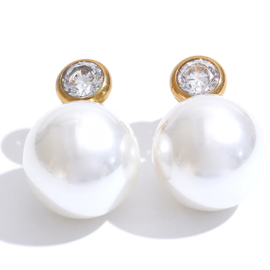 Korean Style Imitation Pearls Zircon Round Classic Daily Stud Earrings Women Stainless Steel - Charm Fashion Jewelry