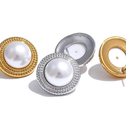 Korean Imitation Pearls Round Stud Earrings Hypoallergenic Elegant Classic Daily Fashion Gold & Platinum PVD Plated Jewelry