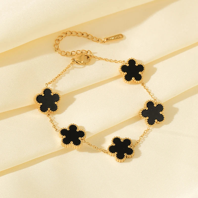 Black Clover Flower Bracelet – Stainless Steel Charm Jewelry