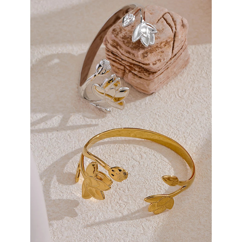 Big Flower Open Cuff Bracelet – Stainless Steel Gold Bangle