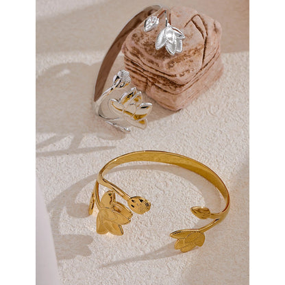 Big Flower Open Cuff Bracelet – Stainless Steel Gold Bangle