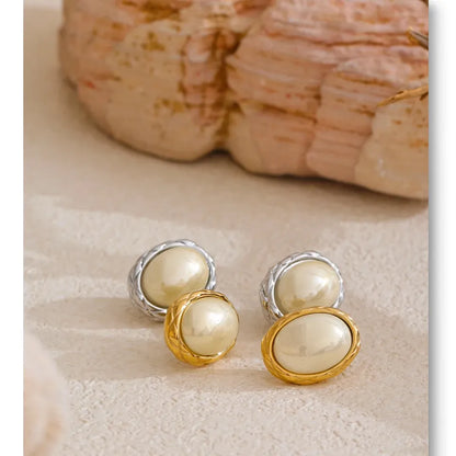Korean Style Off White Gold - Oval Stud Earrings for Women Pearl Stainless Steel 18K PVD Plated Fashion Jewelry