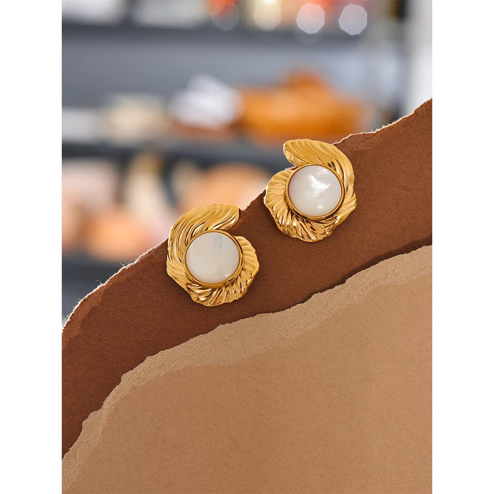 Chic Gold Plated Stud Earrings – Waterproof Natural Shell Design