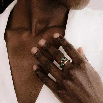 Luxe Jewels Elegant Green Double Teardrop Zirconia Ring – 18K Gold Plated Stainless Steel