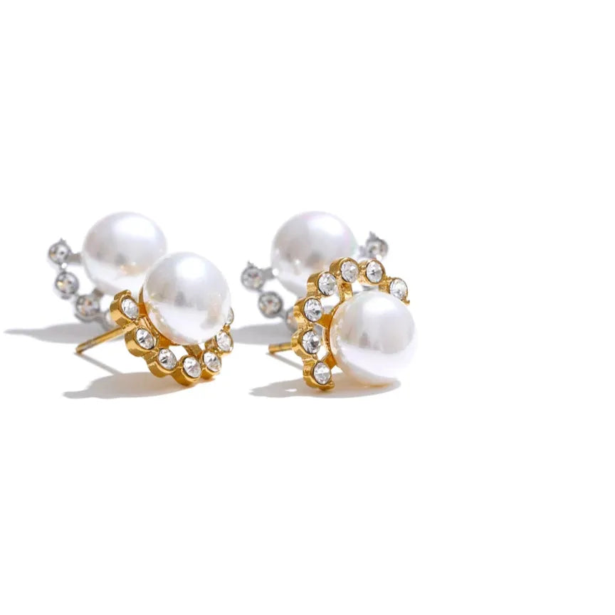 Pearl & Zirconia Stud Earrings – Gold Plated Water Resistant